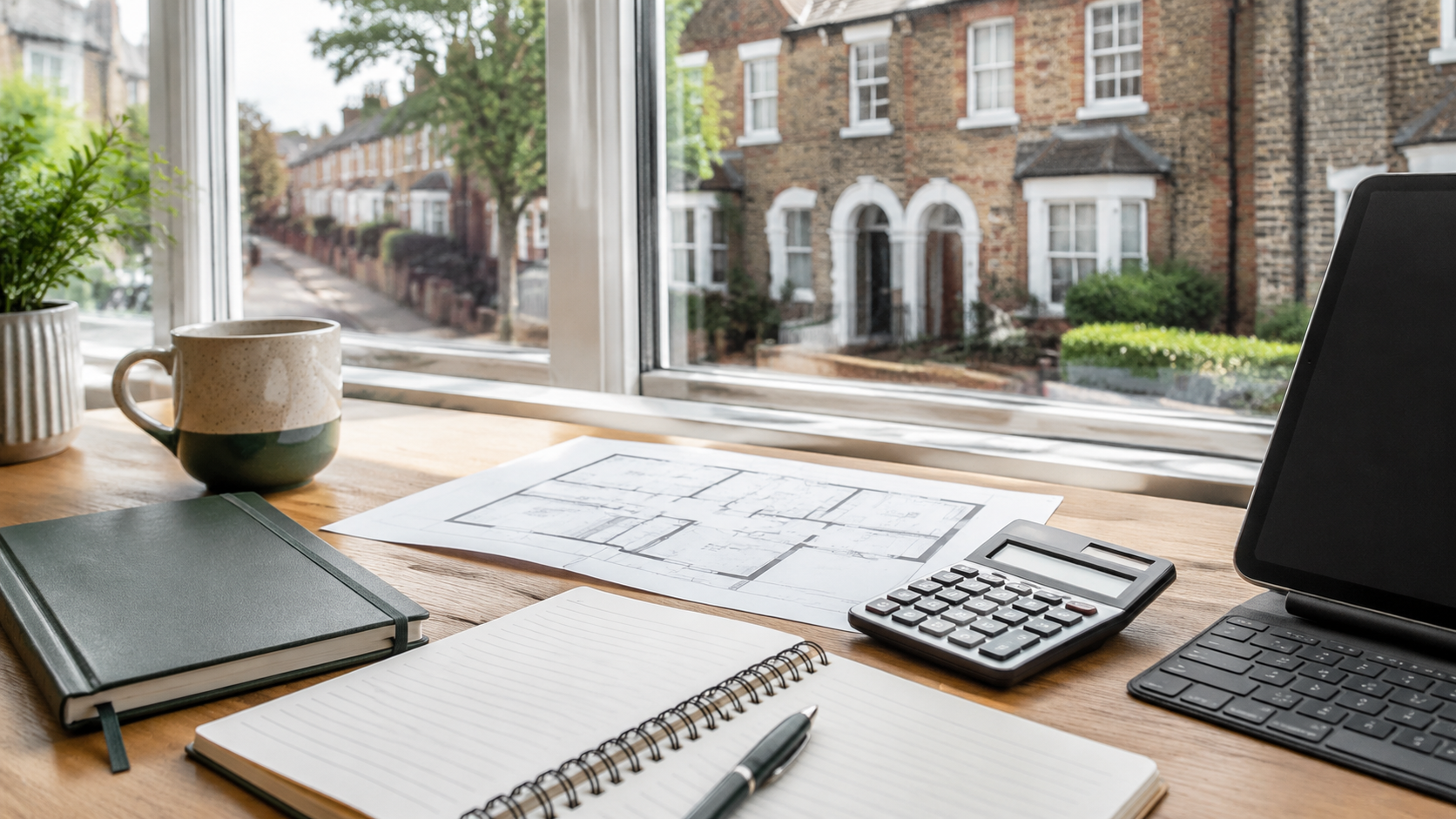 Property floor plan, calculator and notebook arranged for review