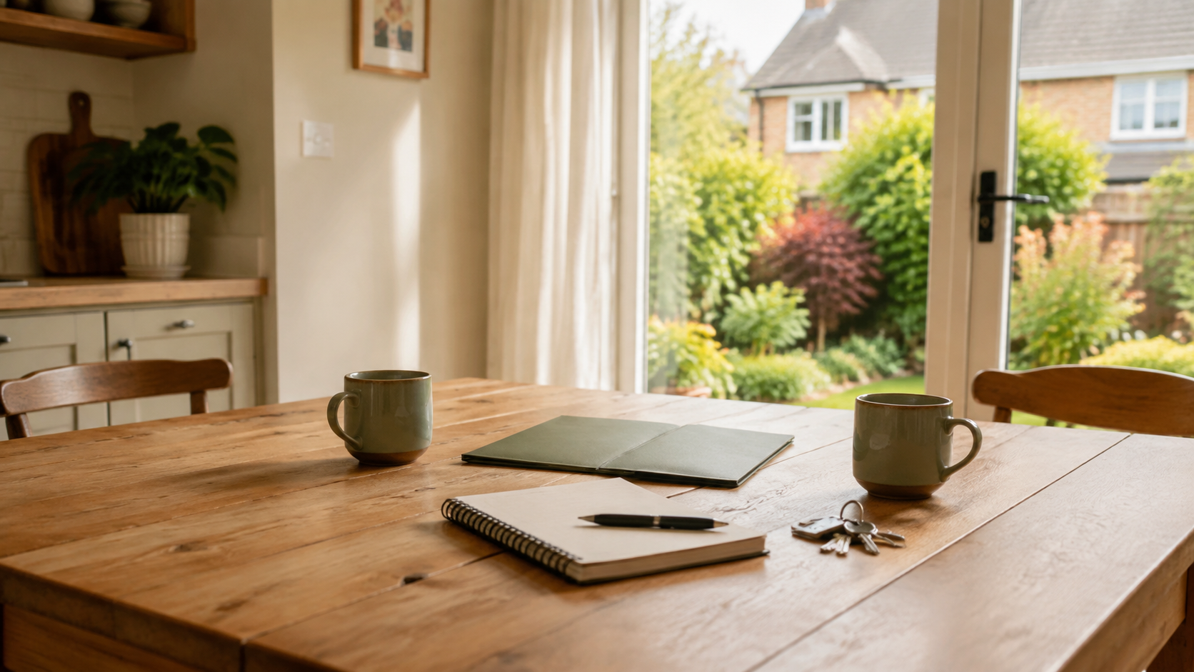 House keys and notebook on a bright kitchen table